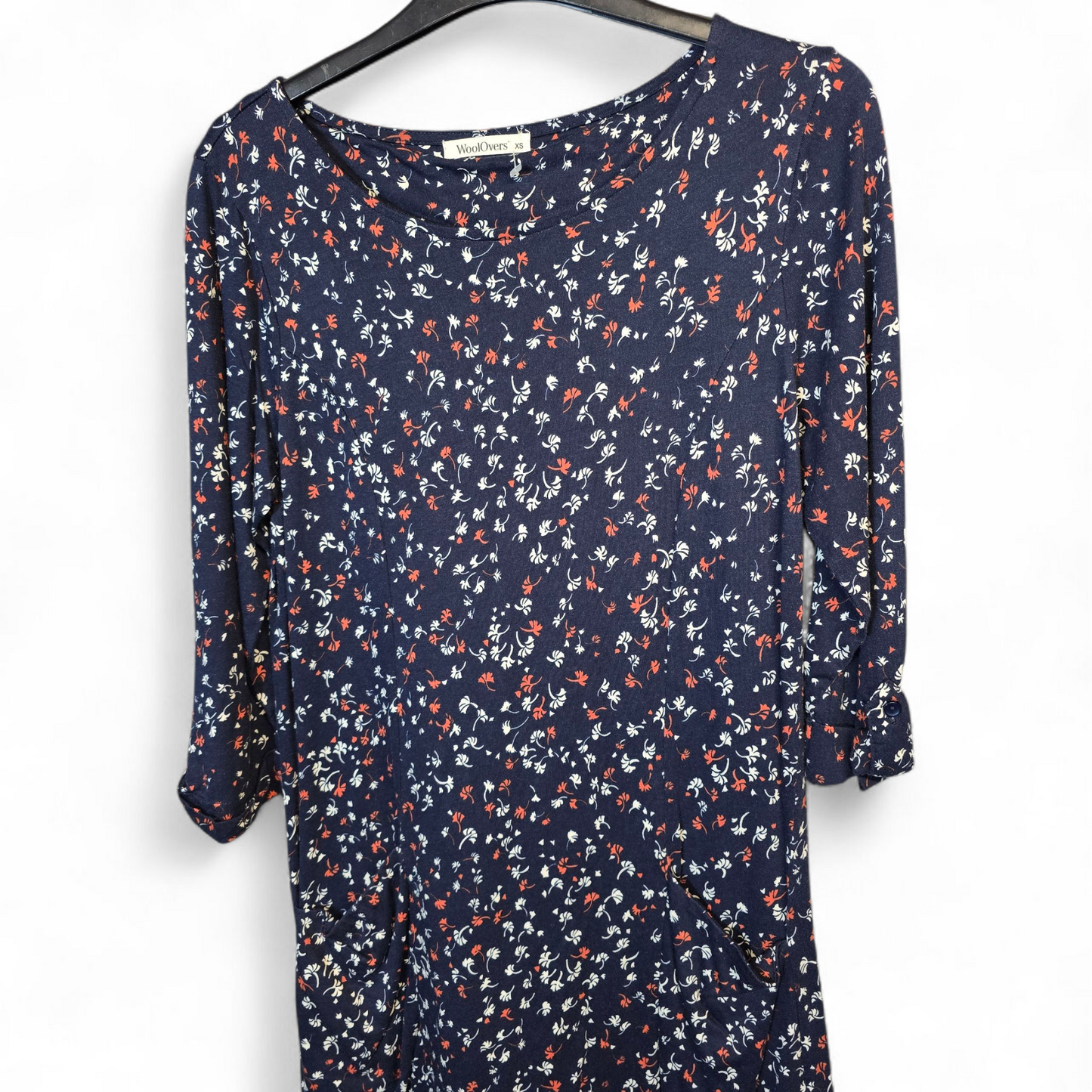 WoolOvers Navy Red & White Floral Dress – 3/4 Sleeves – Pockets – XS (size 6/8)