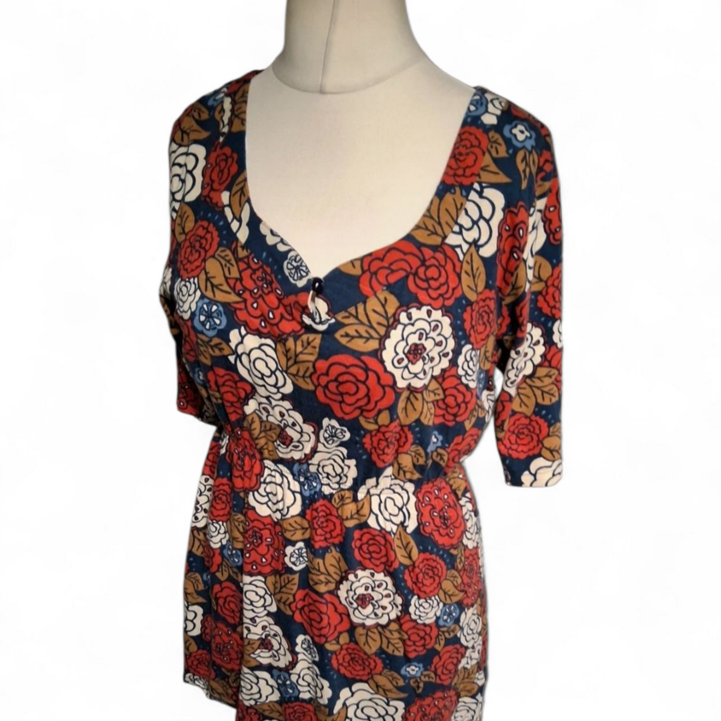 Weird Fish Navy Red & White Floral Tunic Top – Size 14 – ¾ Sleeve Cotton Modal