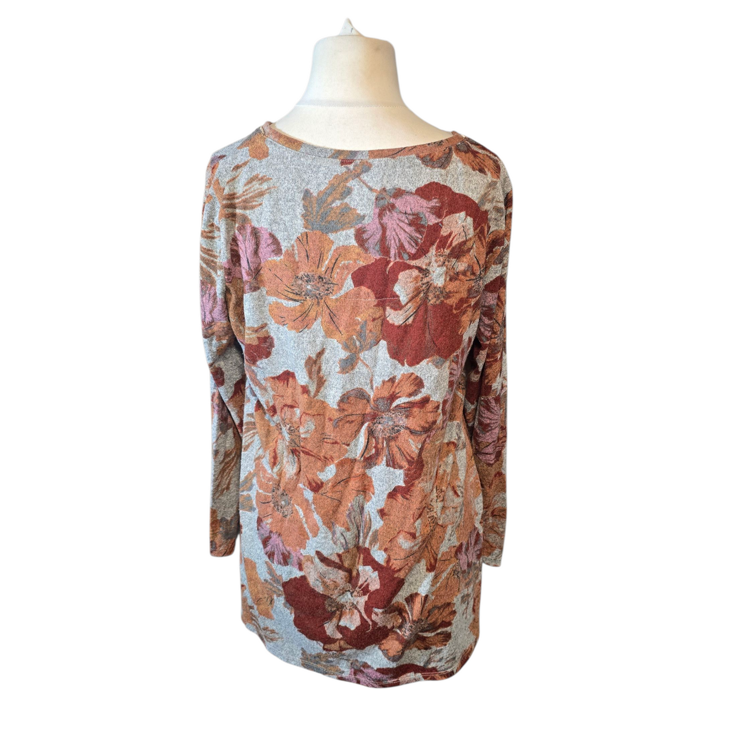 M&S Classic Grey & Light Brown Floral Lightweight Jumper – Size 16 – Longer Length