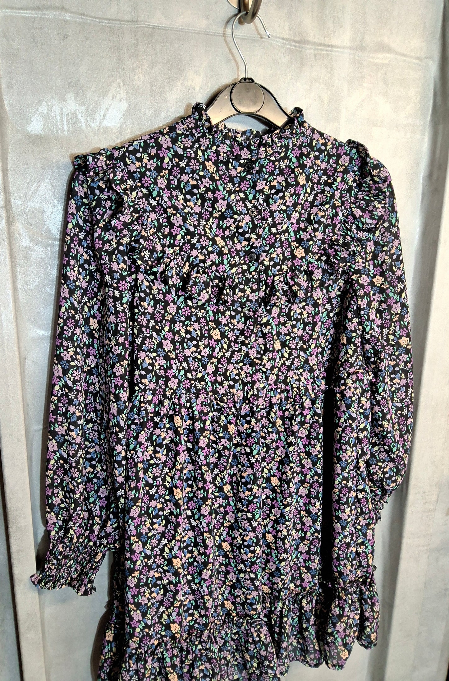 M&S Girls Black Floral Frill Dress – Age 10-11 Years – Polyester