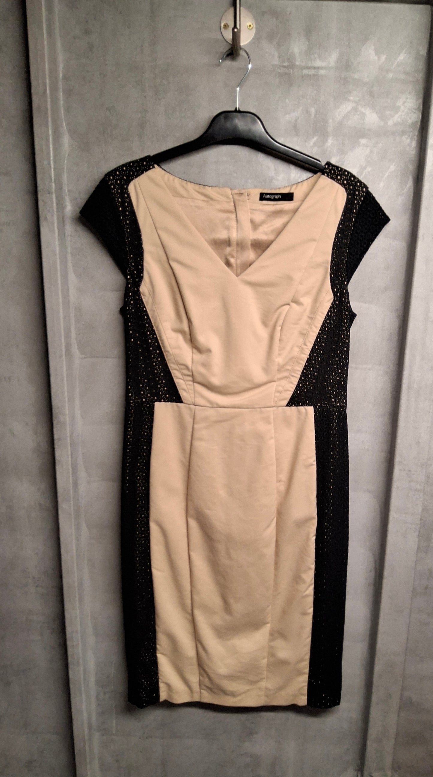 Autograph Beige & Black Pencil Dress – Size 10 – V-Neck Midi