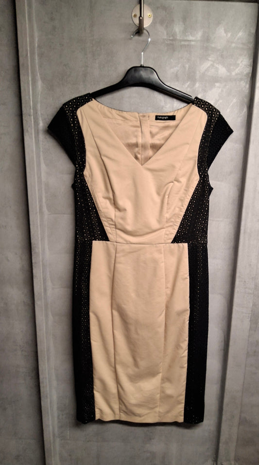 Autograph Beige & Black Pencil Dress – Size 10 – V-Neck Midi