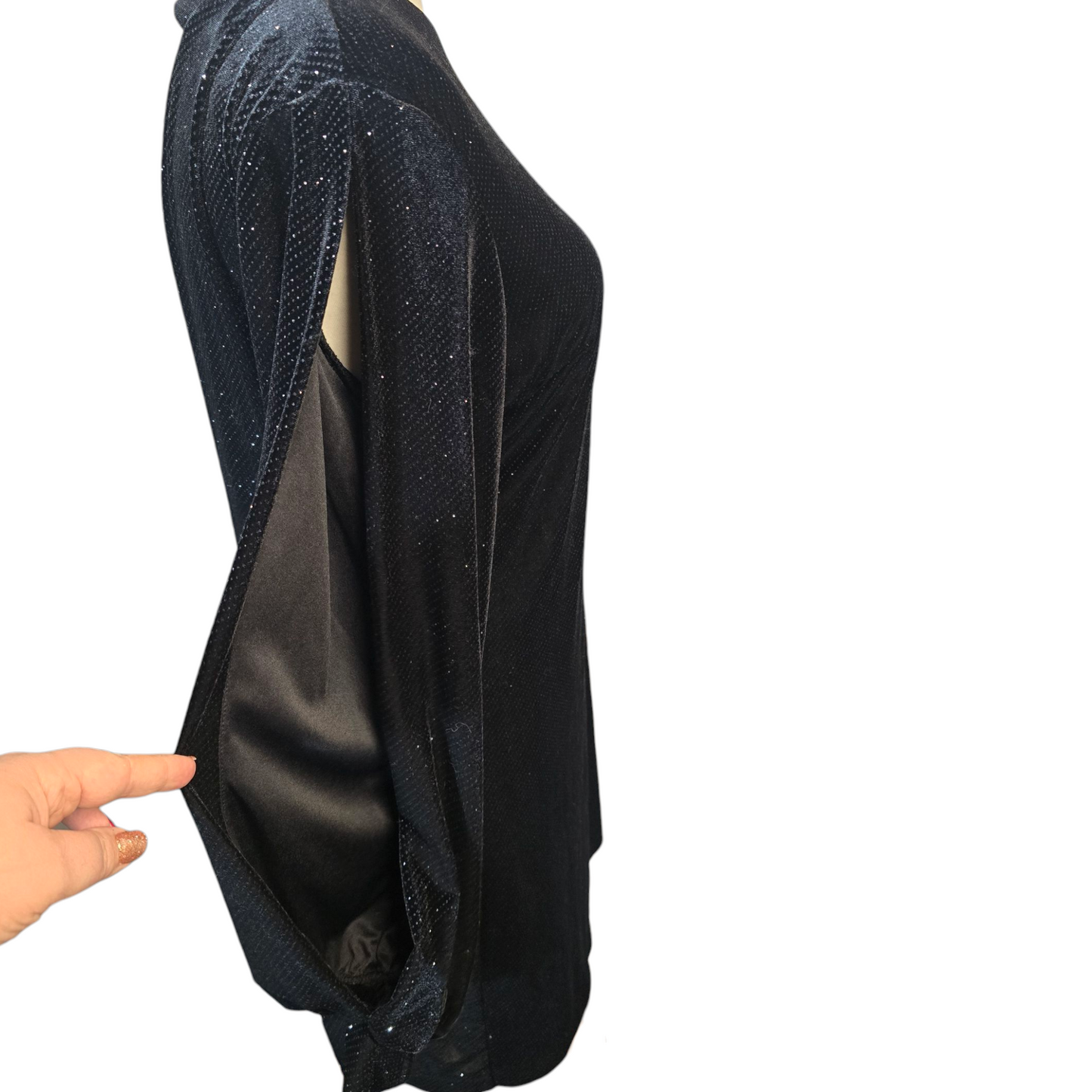 Next Black Velvet Sequin Dress – Open Back & Slit Sleeves – Size 14