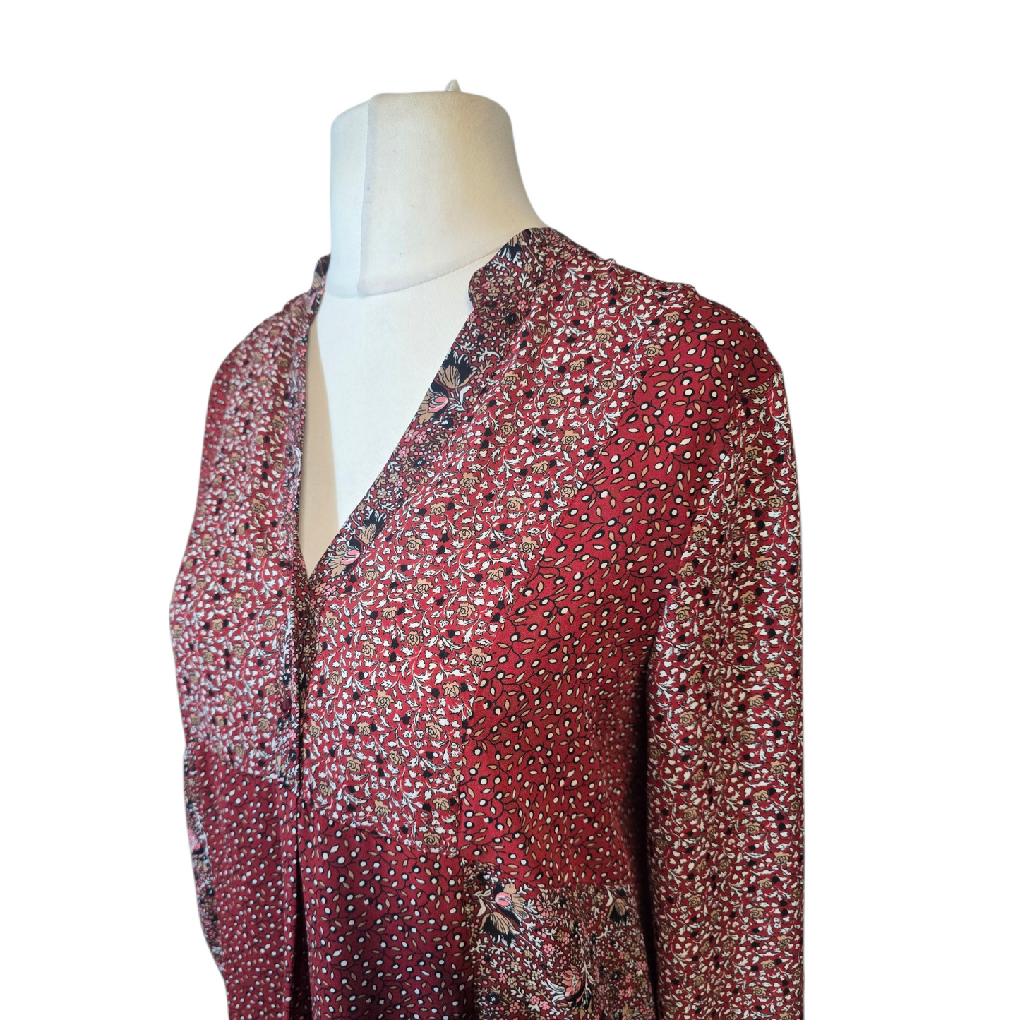Zara Burgundy Red Floral Patchwork Blouse – Size M (UK size 10/12) – 100% Polyester