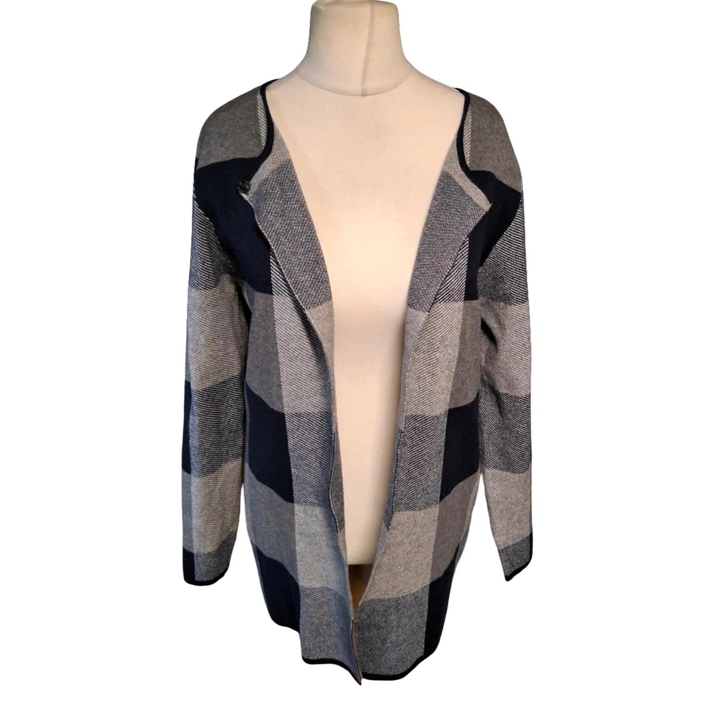 Cerulean Collection Navy & Grey Checked Knit Cardigan – Size M (UK size 12/14)