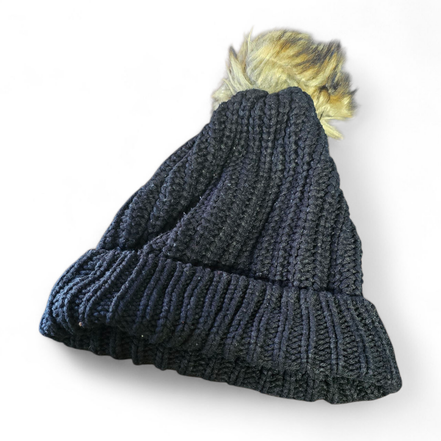 Primark Black Knitted Winter Hat with Faux Fur Pom-Pom – One Size Ladies