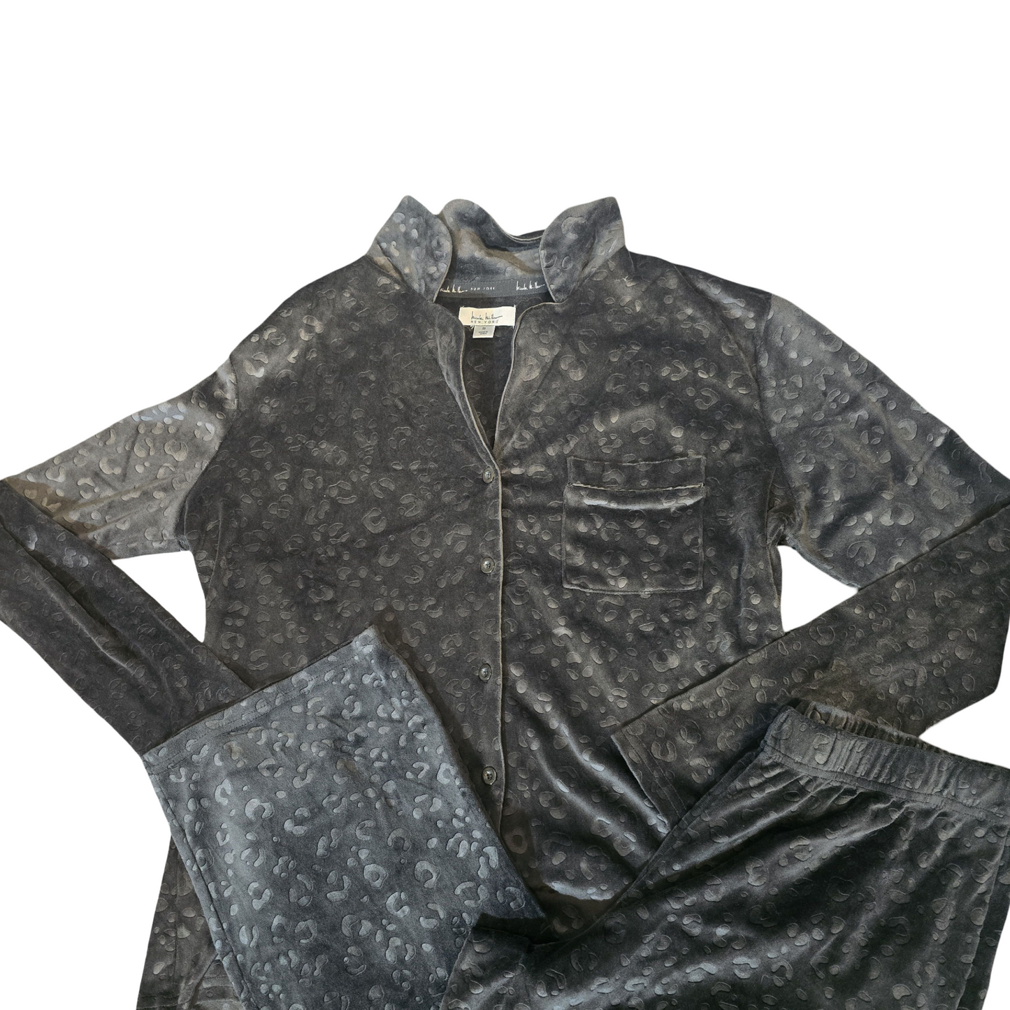 Nicole Miller Black Leopard Print Fleece Pyjama Set – Size Small (size 10/12)