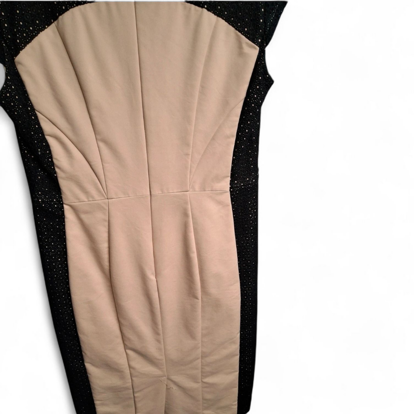 Autograph Beige & Black Pencil Dress – Size 10 – V-Neck Midi