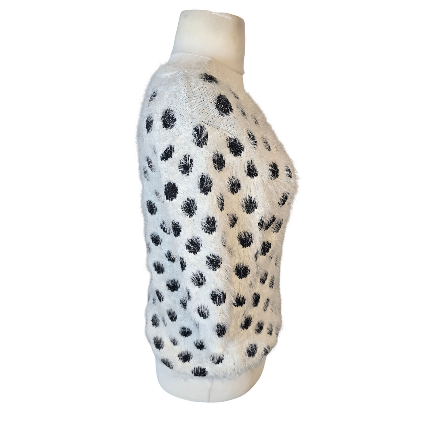 Primark White & Black Fluffy Polka Dot Jumper – Size 14 – 3/4 Sleeves