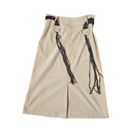 Mila Paoli Beige Suede-Style Midi Skirt – Brown Tassel Belt – Size 10