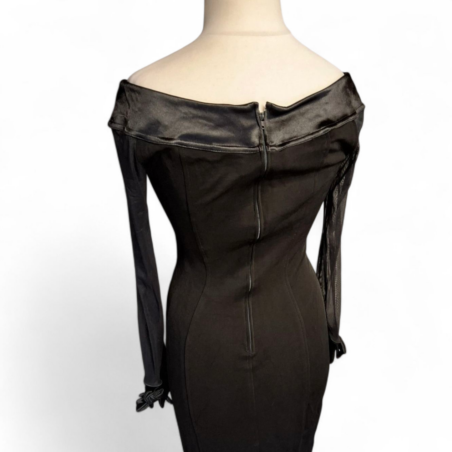 Tadaski Vintage 80s Black Off-Shoulder Maxi Dress – Sheer Sleeves