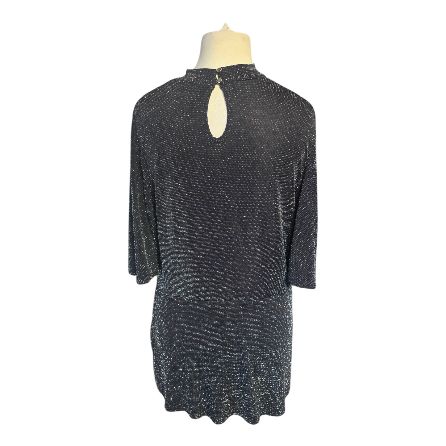 Dorothy Perkins Black & Silver Glitter Top – Size 16 – High Neck Flared Sleeve Tunic