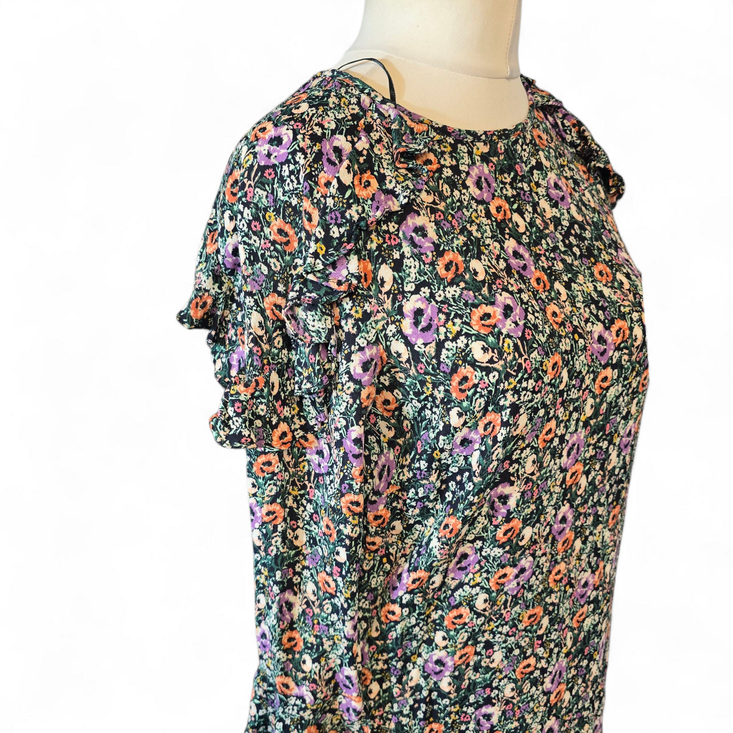 Monsoon Multicoloured Floral Knee-Length Dress – Size 12 – Frill Detail & ¾ Sleeves