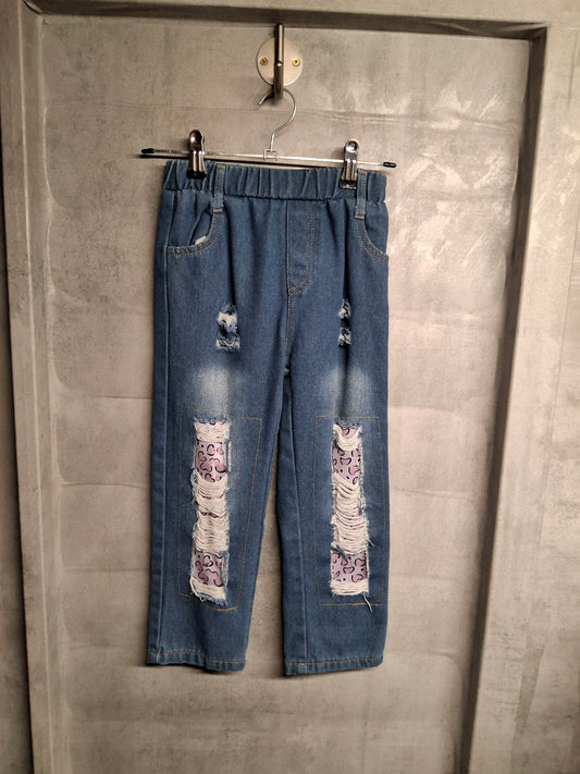 Pat Pat Blue Distressed Jeans – Girls 4–5 Years – Polyester – Leopard Patch Detail