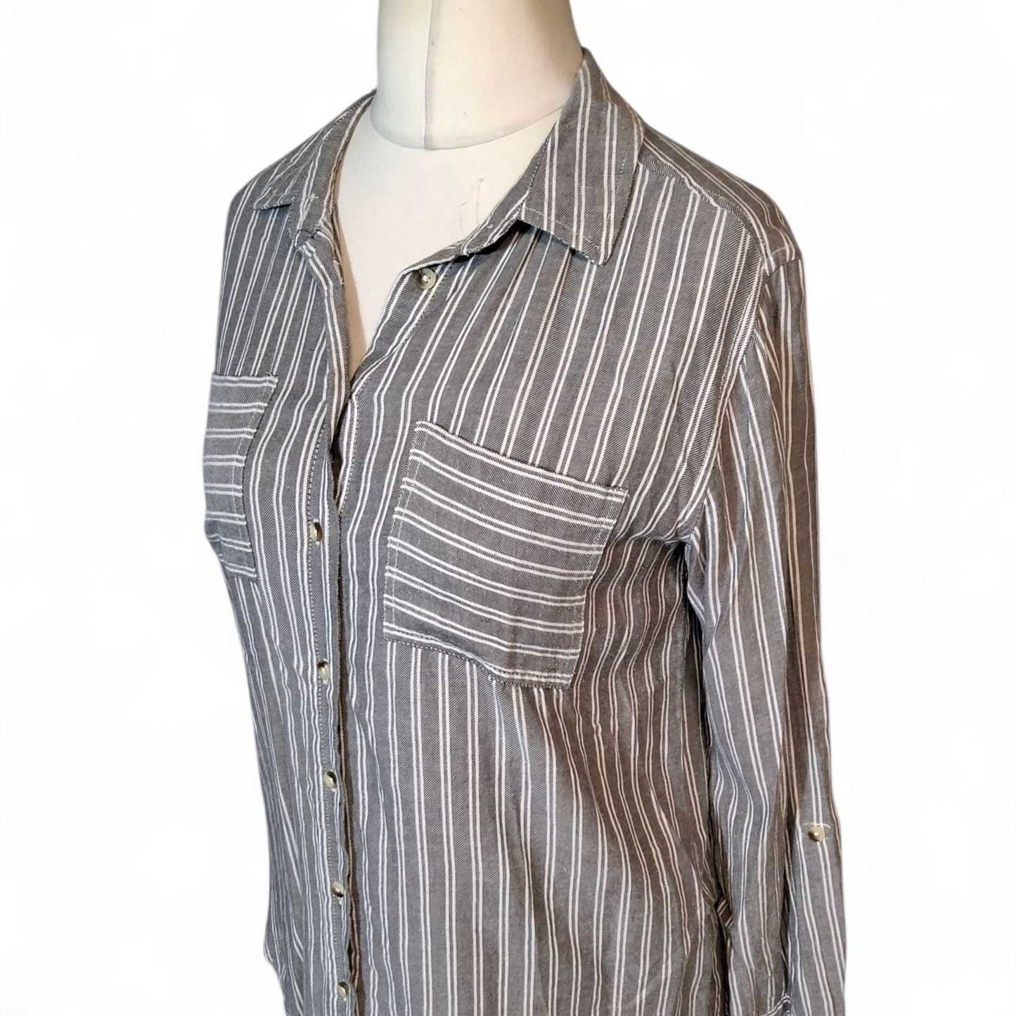 Primark Grey & White Striped Shirt – 100% Cotton – Size 10