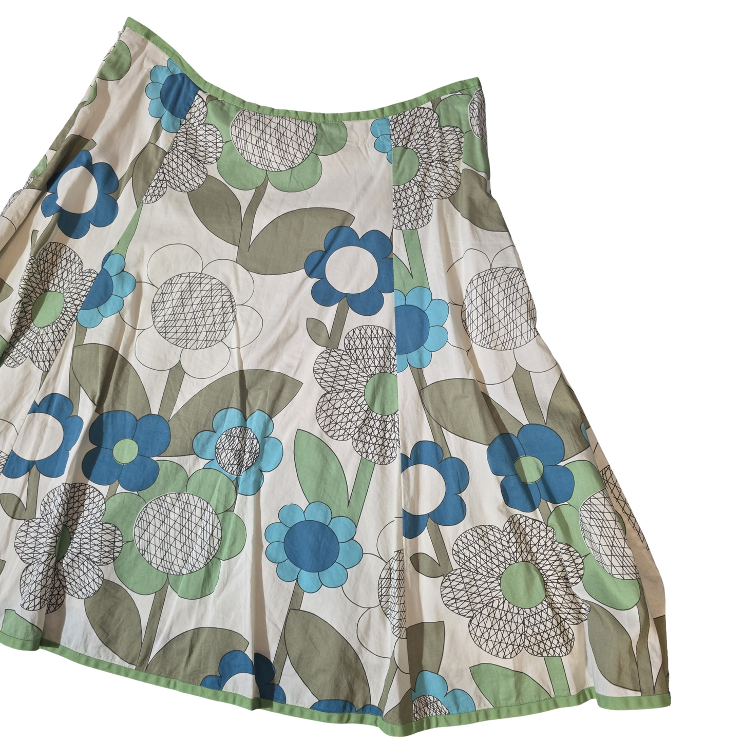 Boden Green & Cream Floral Flared Skirt – Size 12 Regular – 100% Cotton, Lined