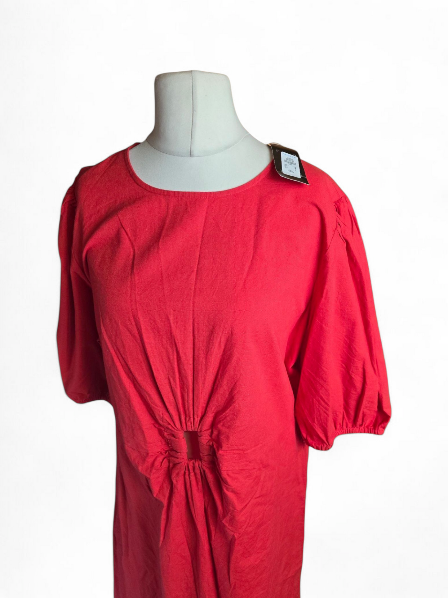 Primark Red Linen Blend Dress Size 20 – Short Sleeves, Cut-Out Detail, Button Back, Elegant Fit