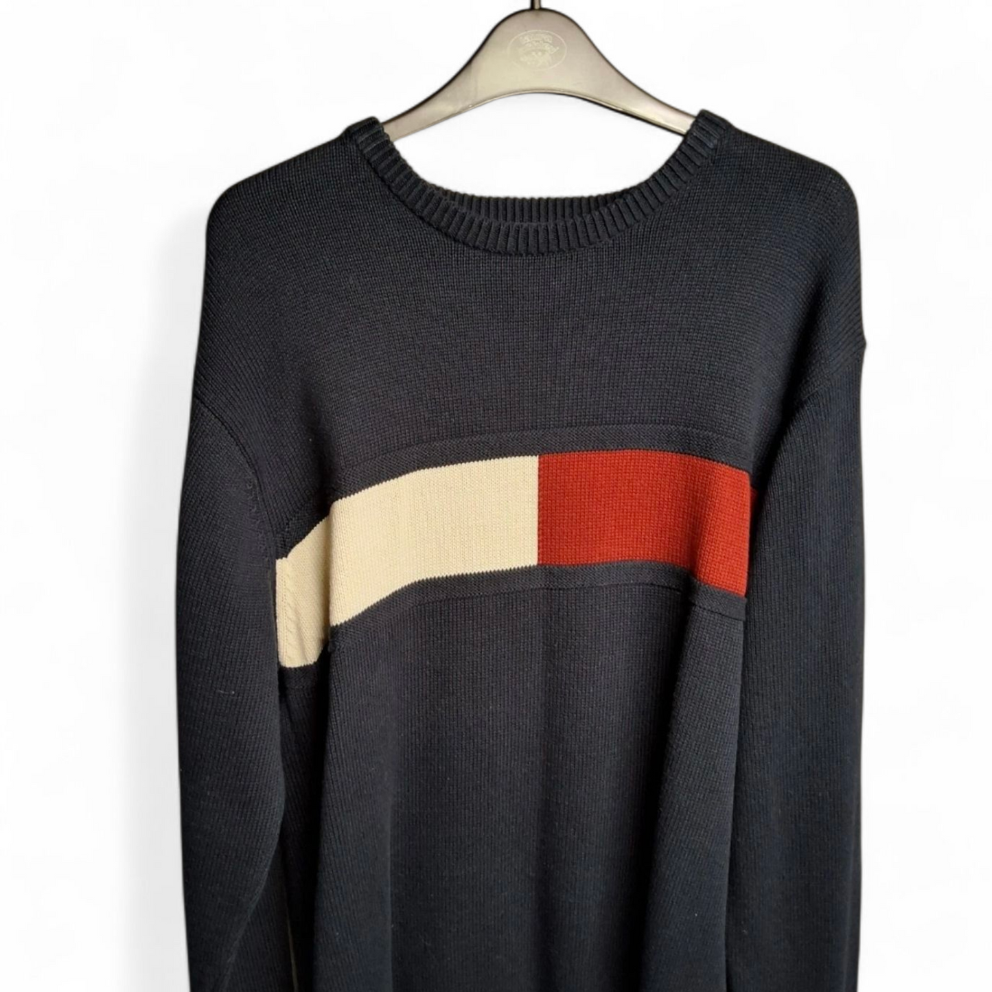 Men's Vintage 90s Tommy Hilfiger Navy Jumper – Crew Neck, Long Sleeve, Logo, Relaxed Fit, Size M