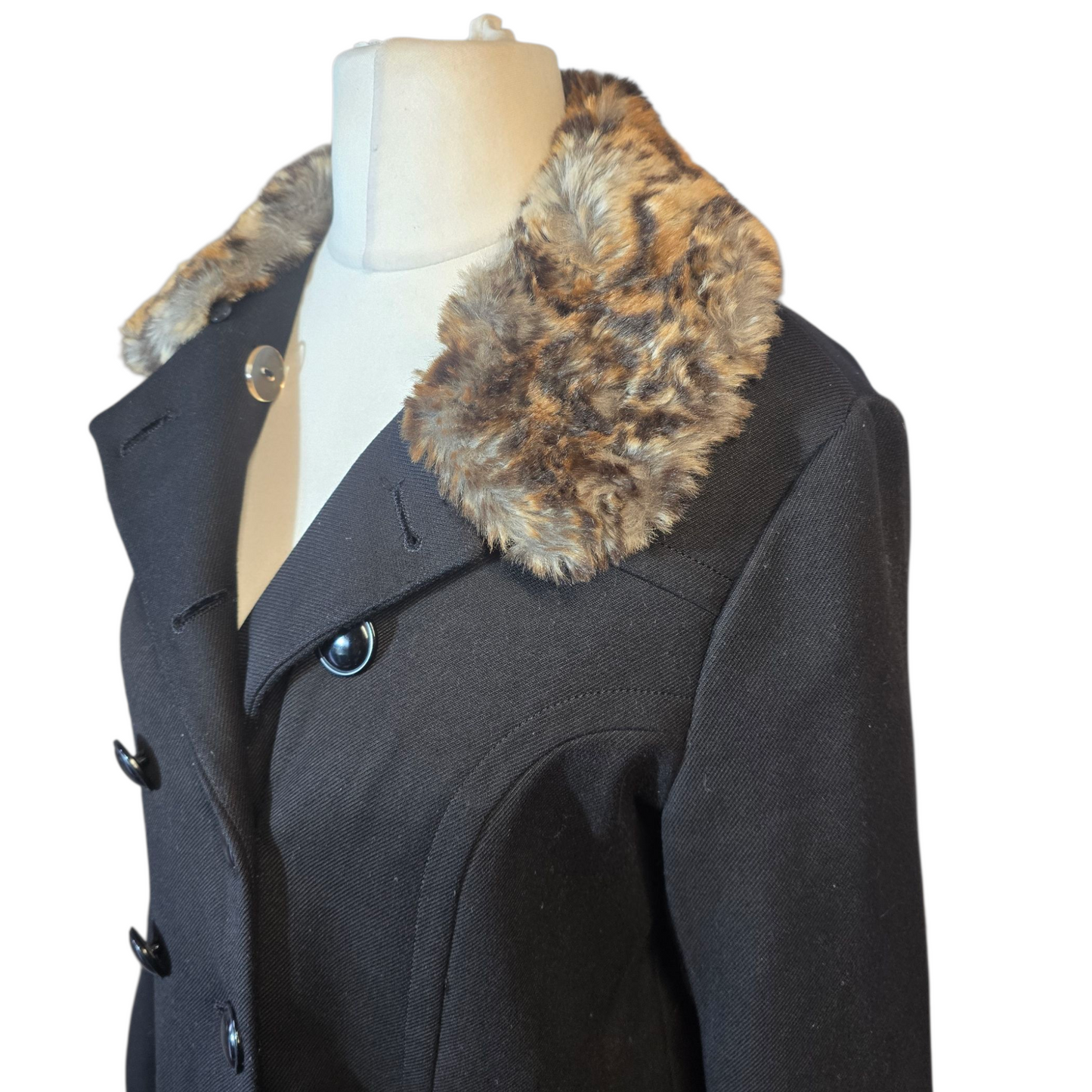 Next Black Midi Coat – Size 14 – Detachable Leopard Faux Fur Collar & Button Up
