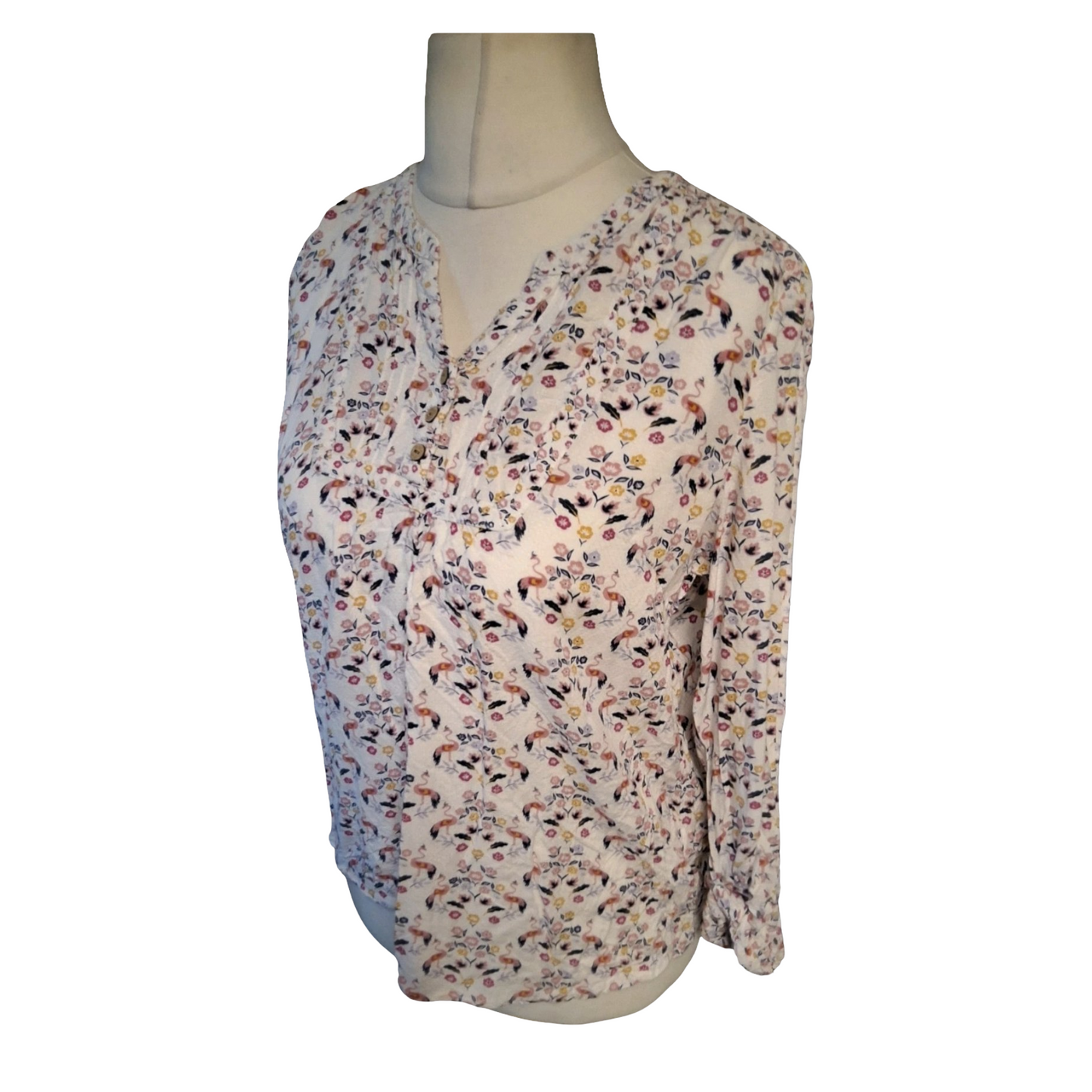 Mantaray White Floral & Flamingo Print Blouse – Size 14 – 100% Viscose