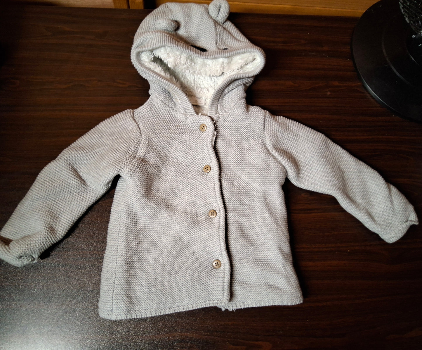 F&F Grey Knit Hooded Cardigan – Unisex 6–9 Months – 100% Cotton with Fleece Lining