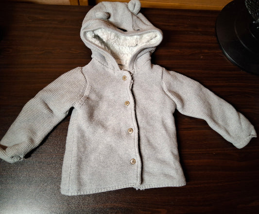 F&F Grey Knit Hooded Cardigan – Unisex 6–9 Months – 100% Cotton with Fleece Lining