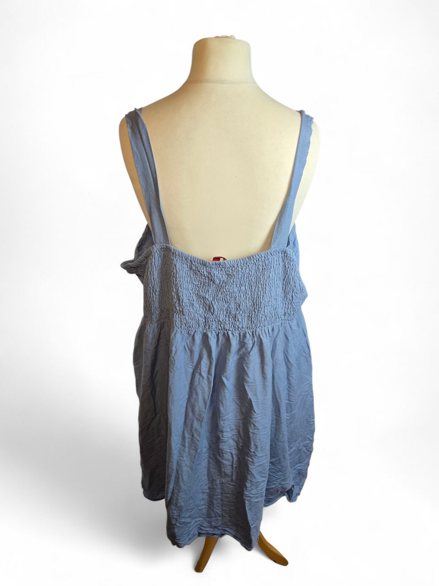 Joe Browns Denim Blue Sleeveless Dress | Wooden Buttons | Elasticated Back | Size 24 | Linen Blend | Knee Length