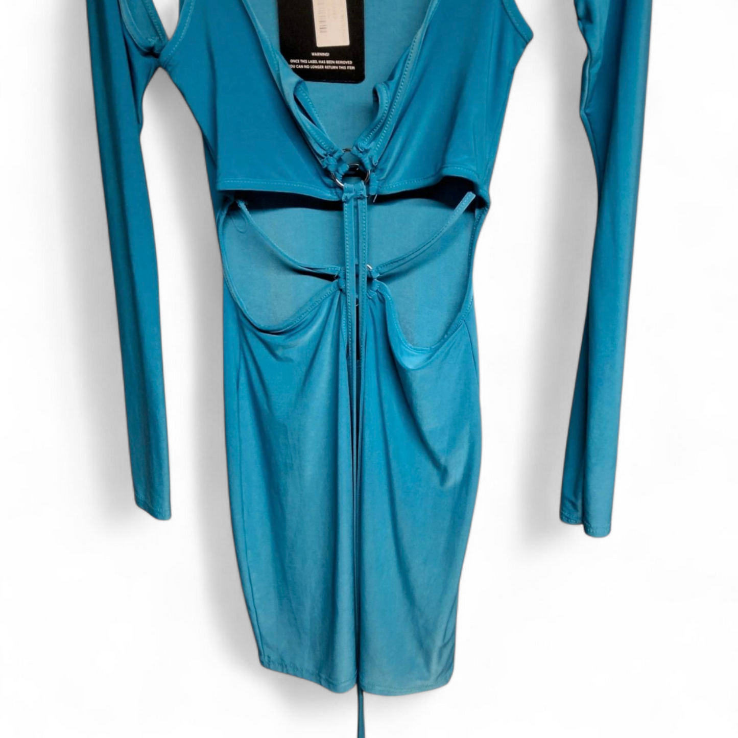 PrettyLittleThing Blue Cold Shoulder Bodycon Mini Dress – Size 6 – BNWT – Tie Front Party Look