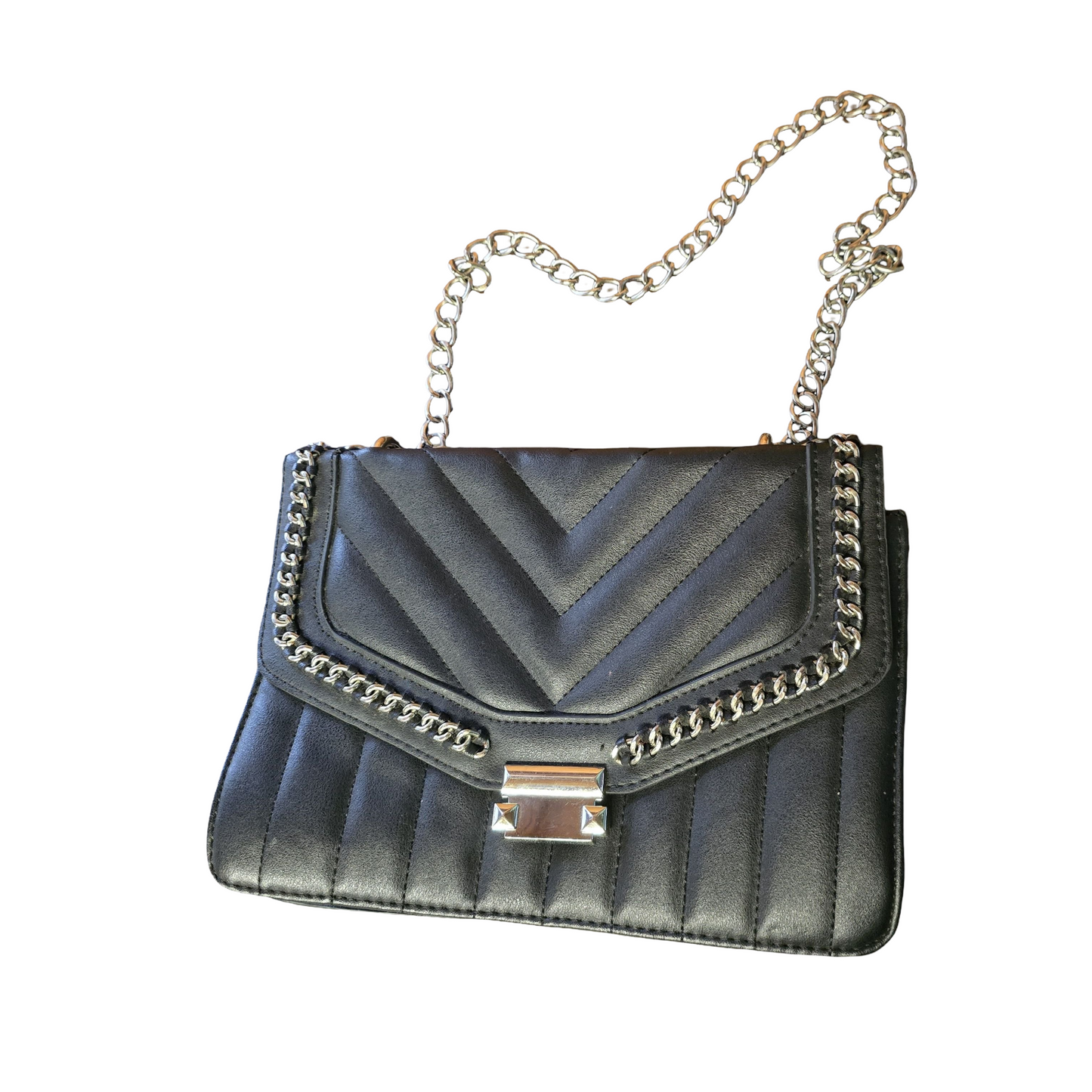 Primark Black Quilted Chain Bag – Popper Close & Dual Strap