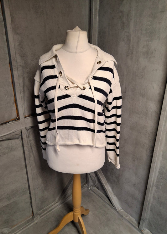 Primark White & Black Striped Cropped Cotton Jumper – Size 10/12
