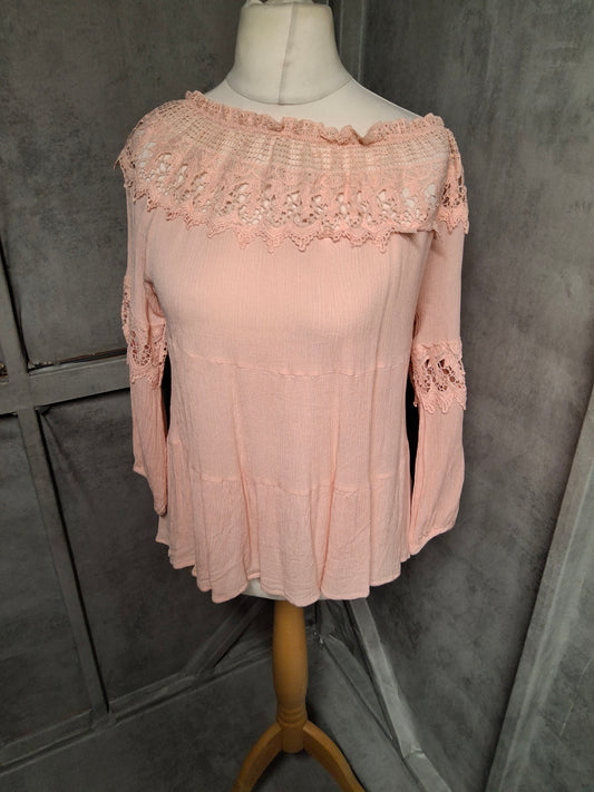 Azaka Light Pink Crochet Boho Top – Size M/L (UK 10/12)