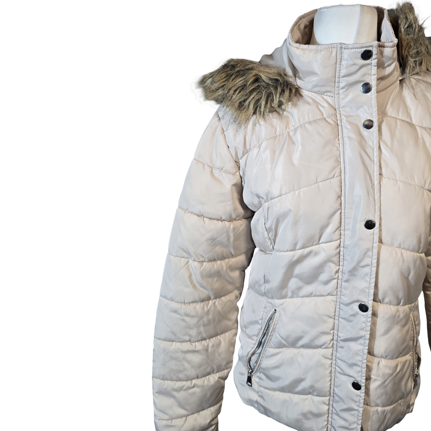 PLT Cream Puffer Coat with Faux Fur Hood – Size 12
