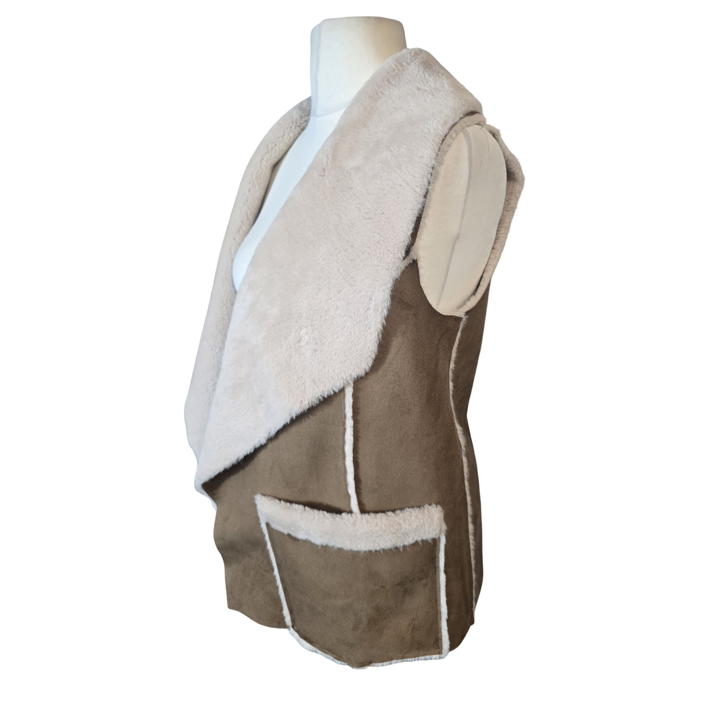 Primark Brown & Cream Fleece-Lined Sleeveless Gilet – Size 6 (Oversized Fit to 8)