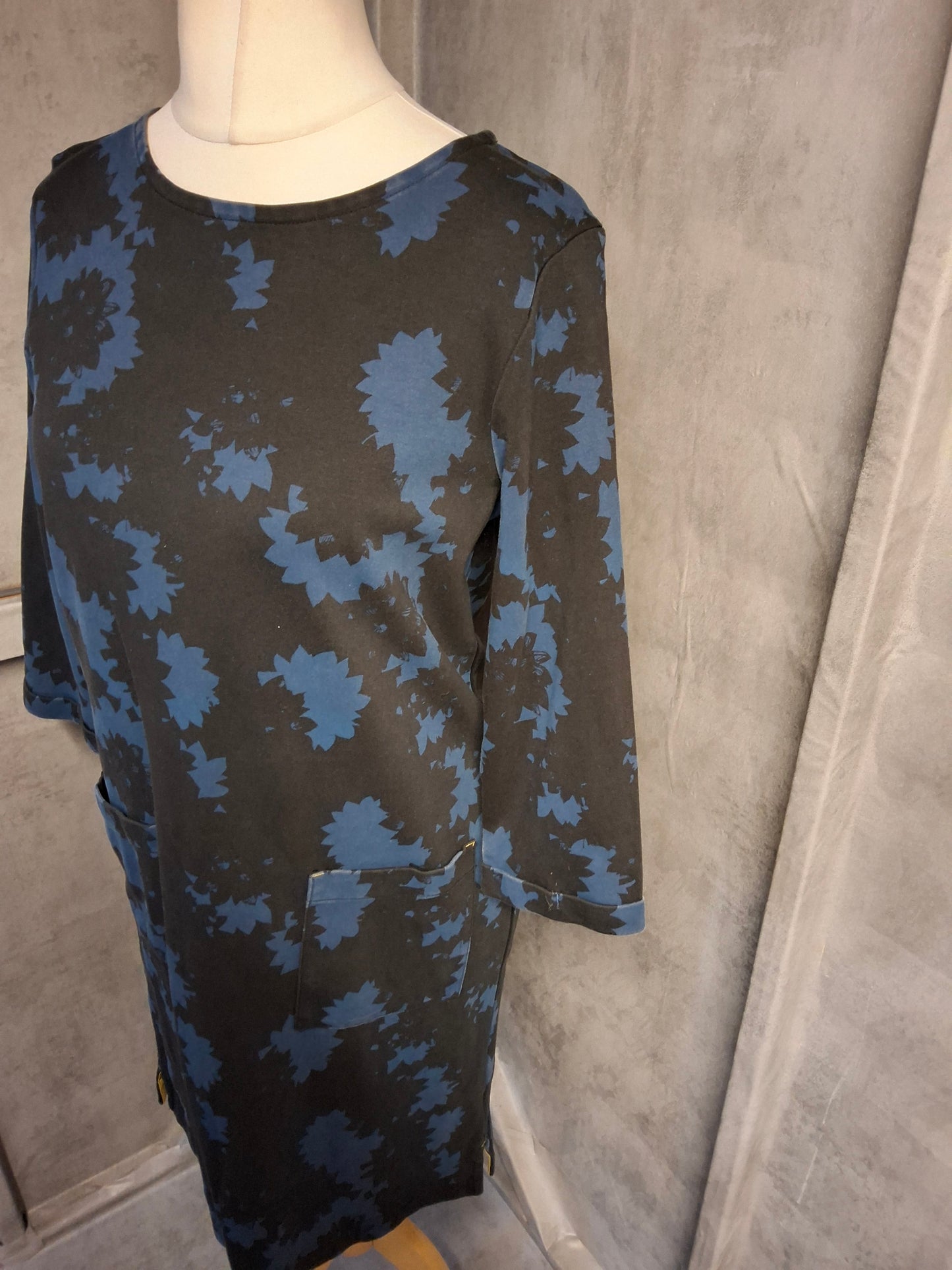 White Stuff Navy Blue Floral Cotton Midi Dress UK 12 | Pockets | 3/4 Sleeve | Everyday Casual Style