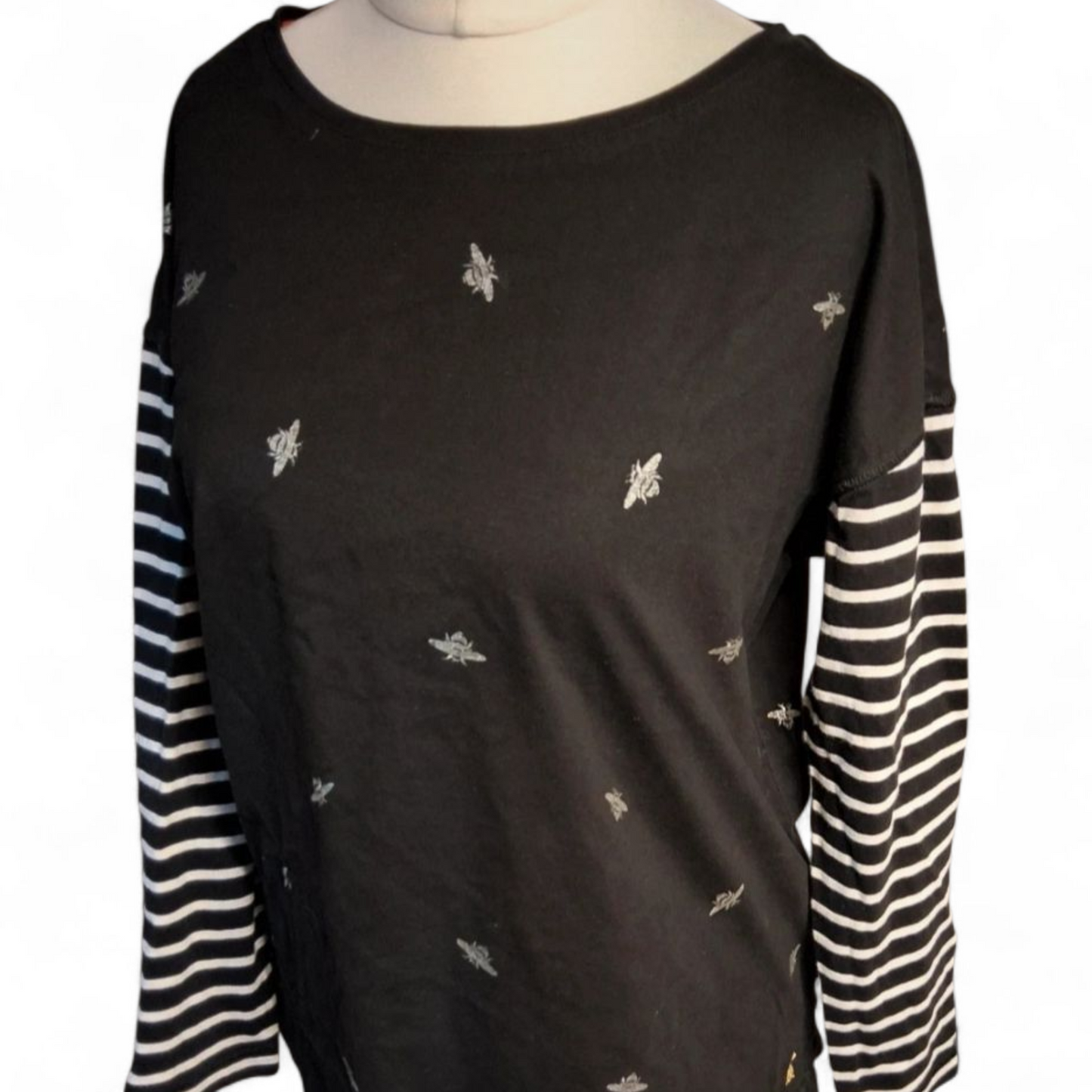 Joules Black Long Sleeve Bee Print T-Shirt – Size 12 – 100% Cotton