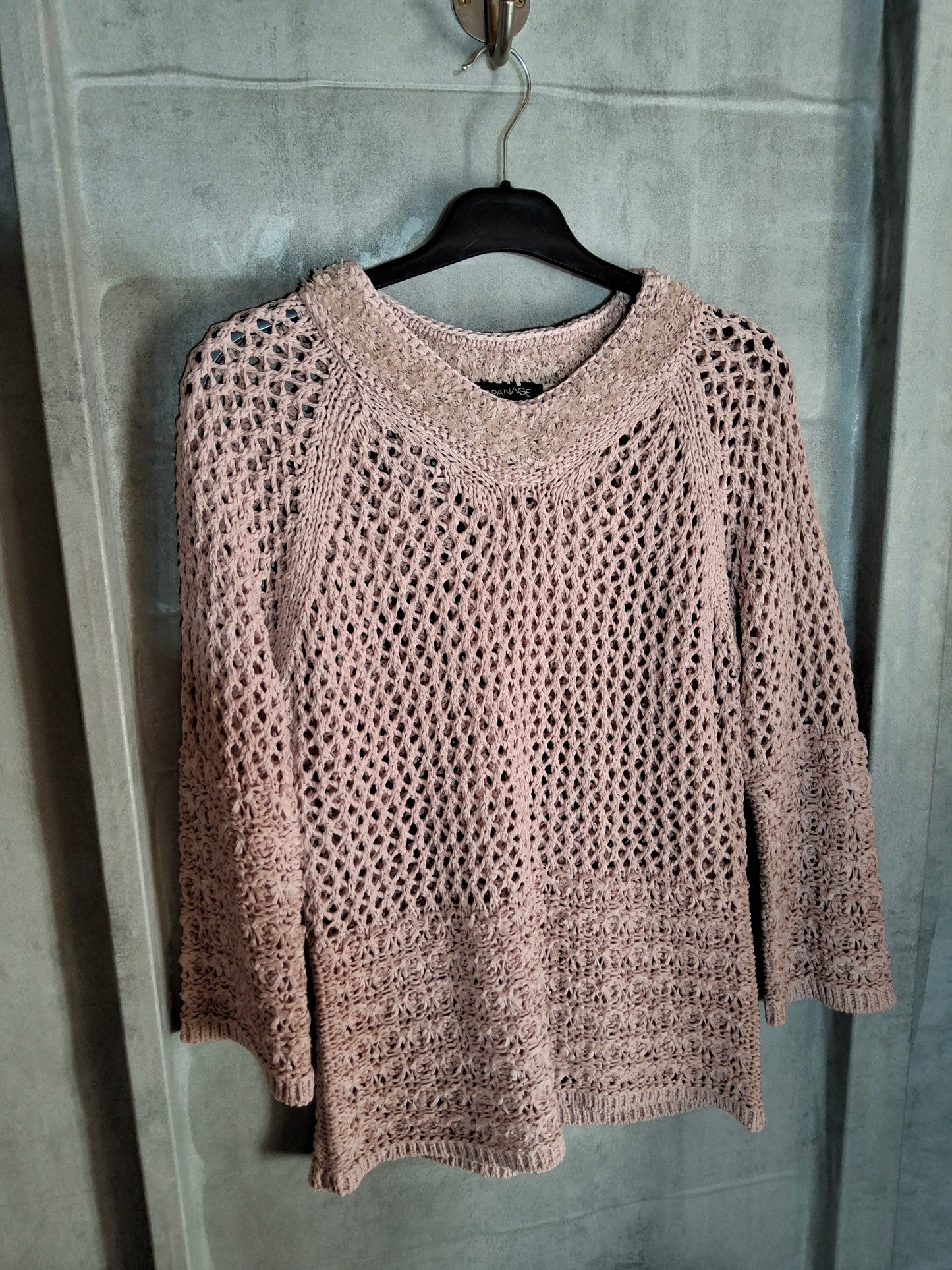 Apanage Pale Pink Crochet Knit Jumper – Size M (10/12) – Lightweight Layering with 3/4 Sleeves