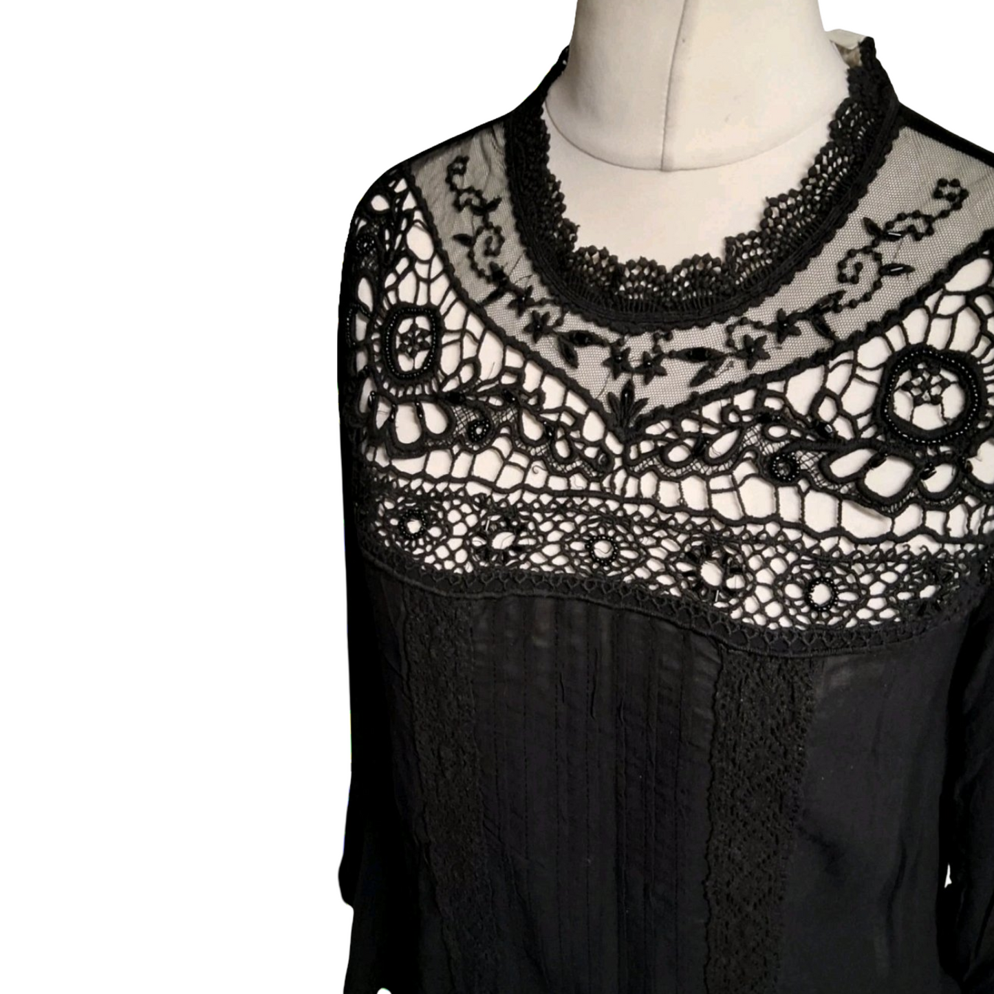 Monsoon Black Lace & Bead Blouse – Size 12 – NWT – RRP £59 – Slightly Sheer Glam
