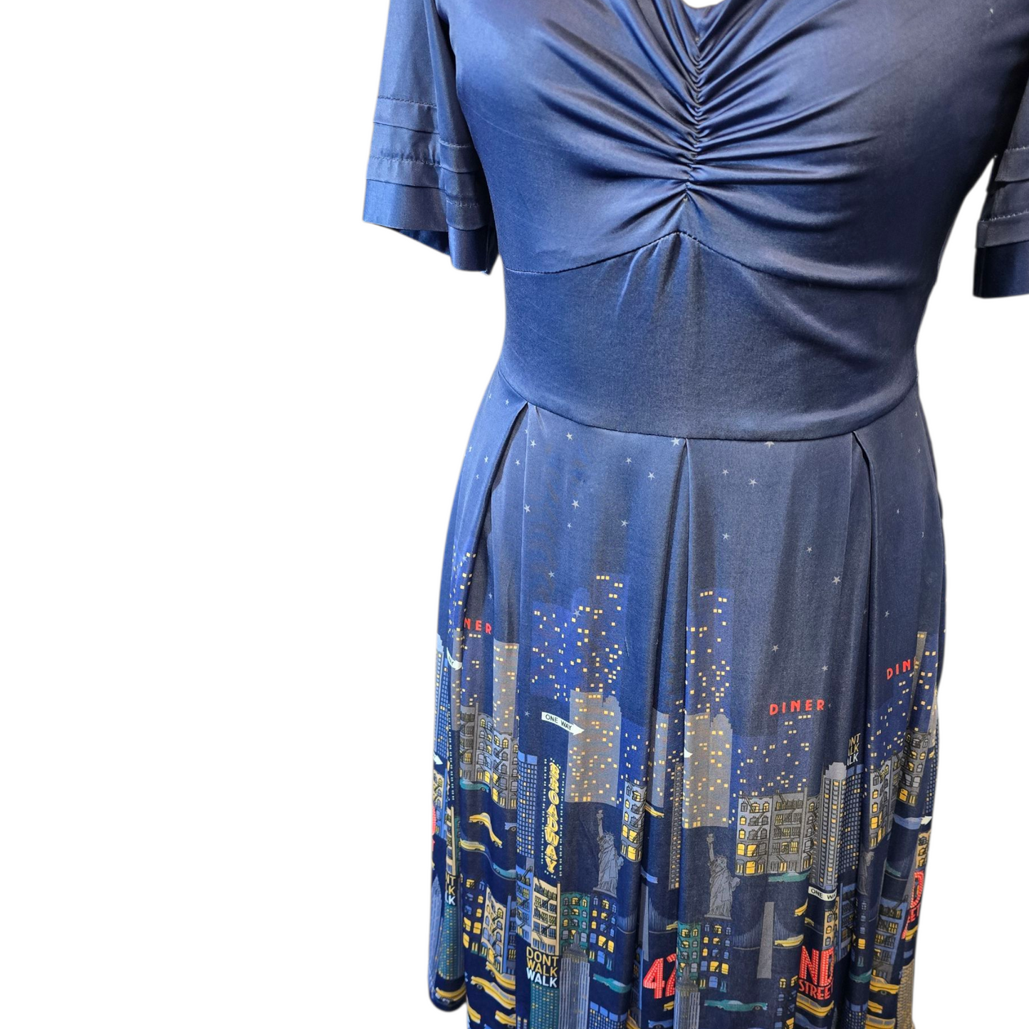 Lindy Bop Navy New York Print Midi Dress – Size 10 – Ruched Bust & Lined