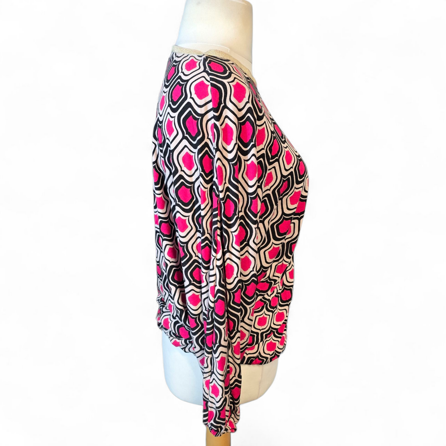 Bonmarché Pink, Black & Beige Patterned Top – Gold Trim, Batwing Sleeves – Size 12