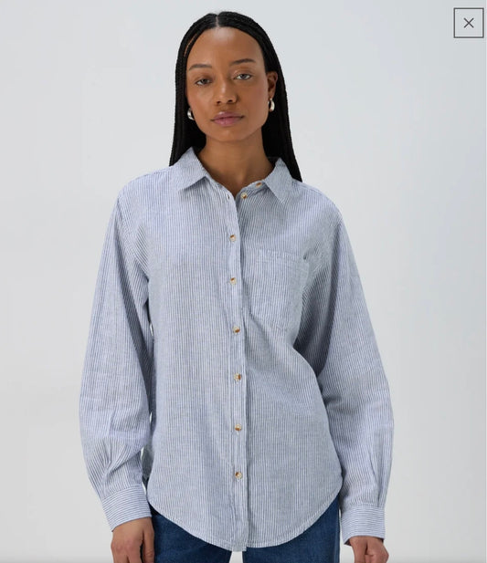 Matalan Blue & White Striped Linen Blend Shirt – Size 12 – BNWT
