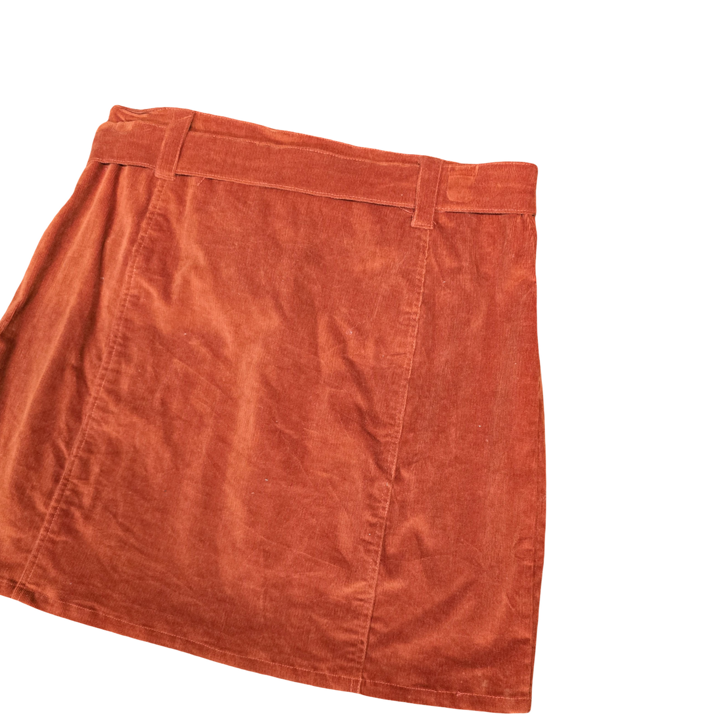 Motel Burnt Orange Cord Mini Skirt – Belted + Zip Front – Size 12