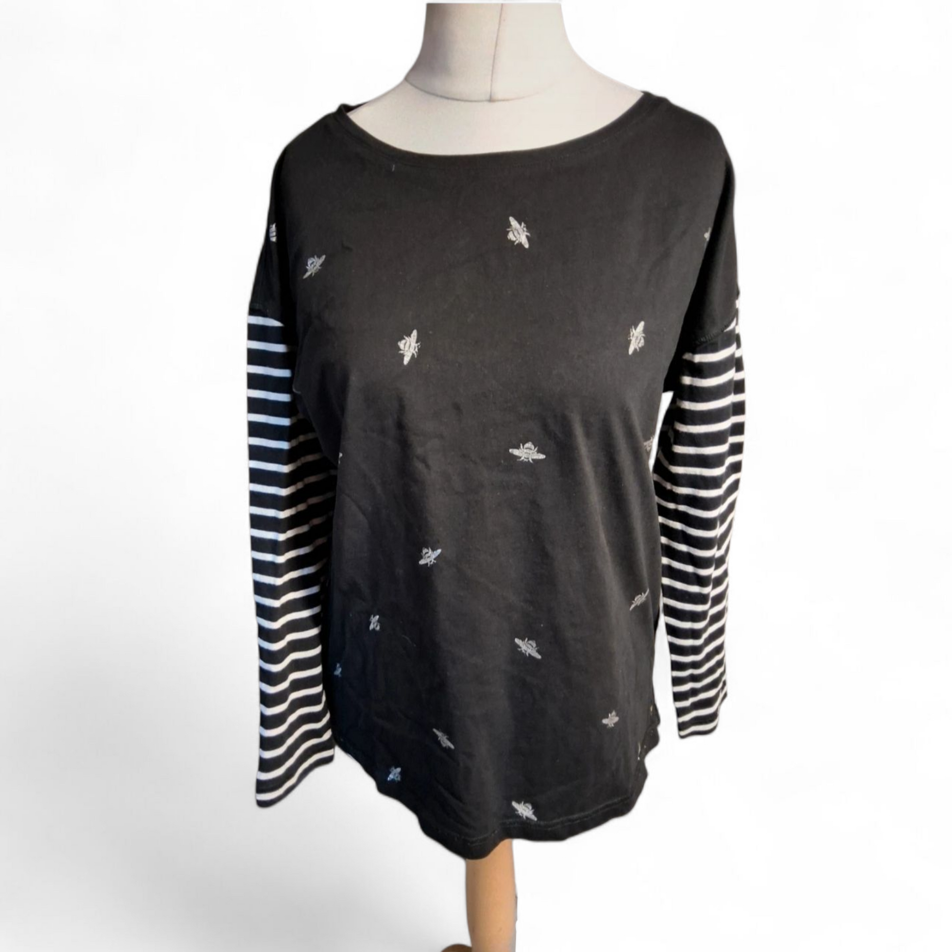 Joules Black Long Sleeve Bee Print T-Shirt – Size 12 – 100% Cotton 