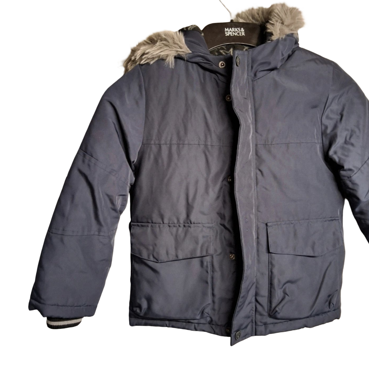 F&F Boys Navy Winter Coat – Faux Fur Hood, Age 5–6yrs