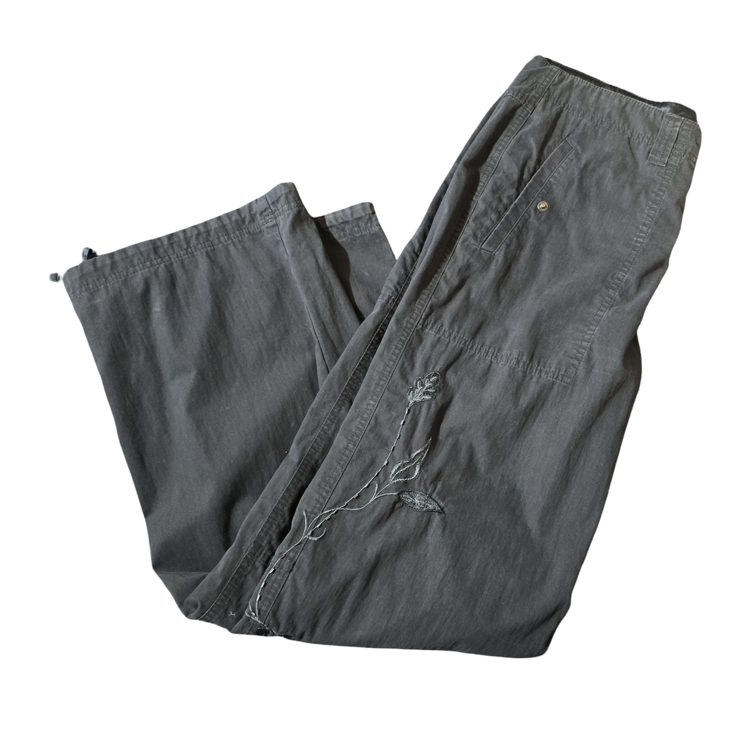 Y2K M&S Black Flare Cargo Trousers – Floral Embroidered, High Waist, Size 14