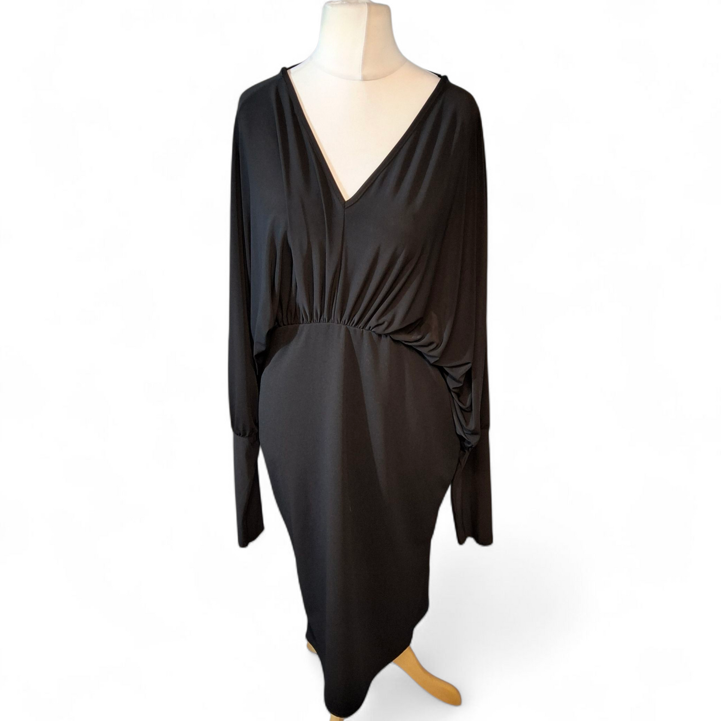 Quiz Black Batwing Wrap Midi Dress – Open Back, Size 16