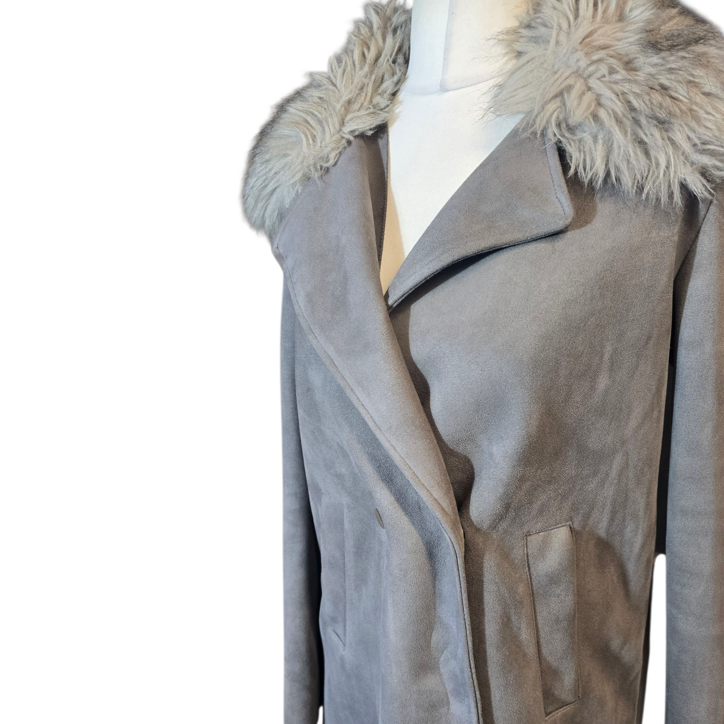 River Island Grey Suedette Coat – Size 10 – Faux Fur Collar Wrap Style Oversized