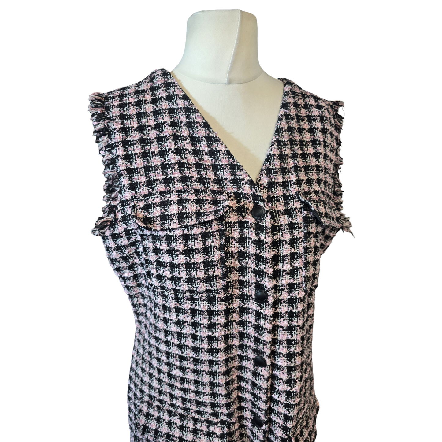 Primark Pink & Black Checked Sleeveless Shirt Dress – Size 14 – Tweed Style