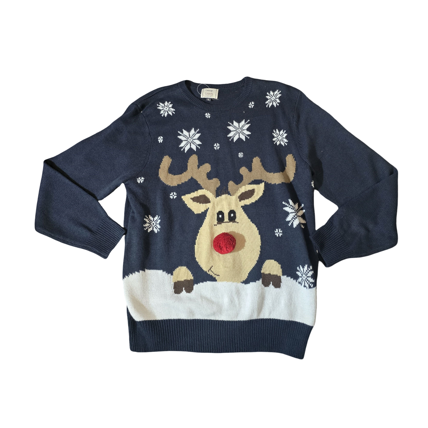 George Men’s Navy Reindeer Christmas Jumper – Size L – Festive Knit