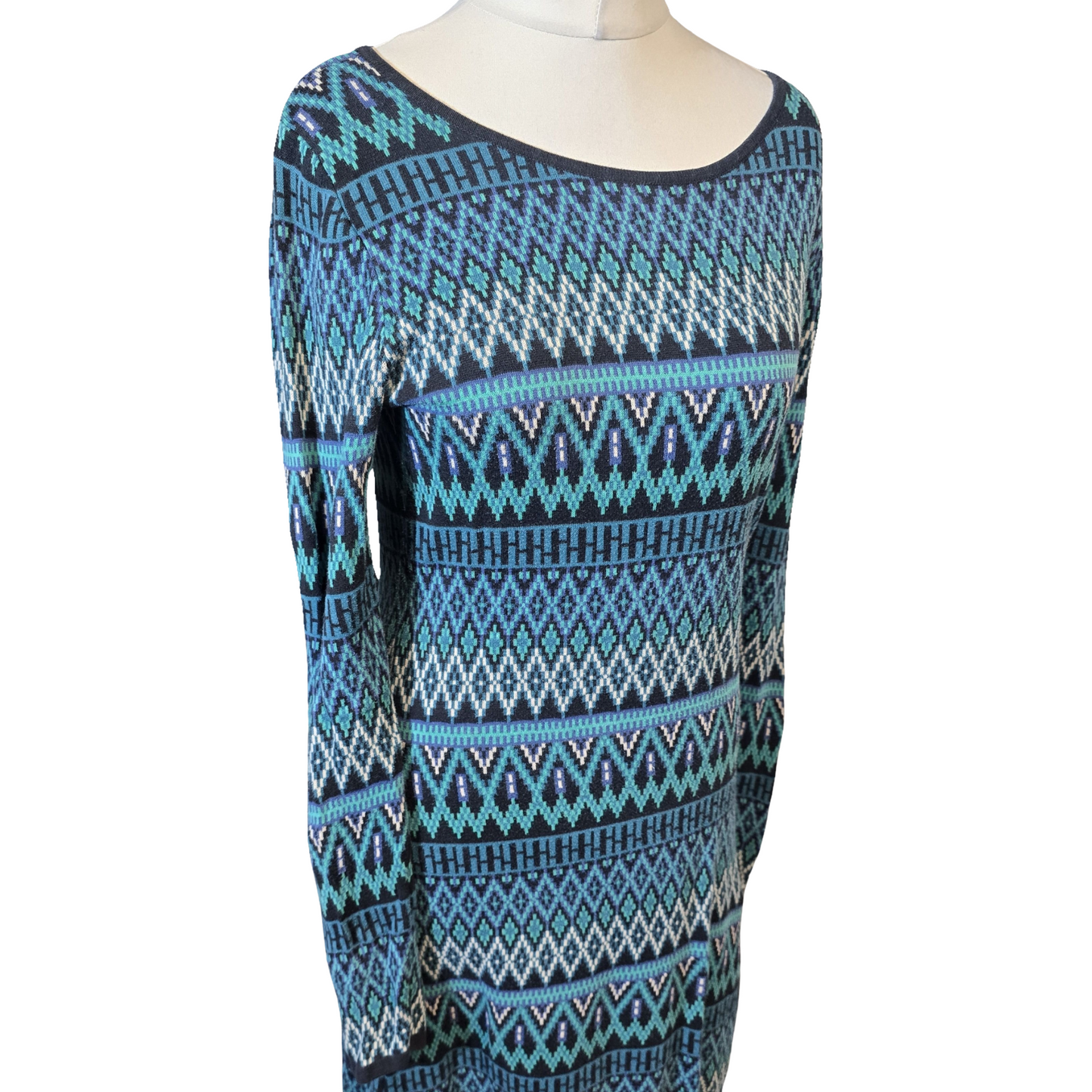 Monsoon Green, Black & White Patterned Jumper Dress – Size M (size 12/14)