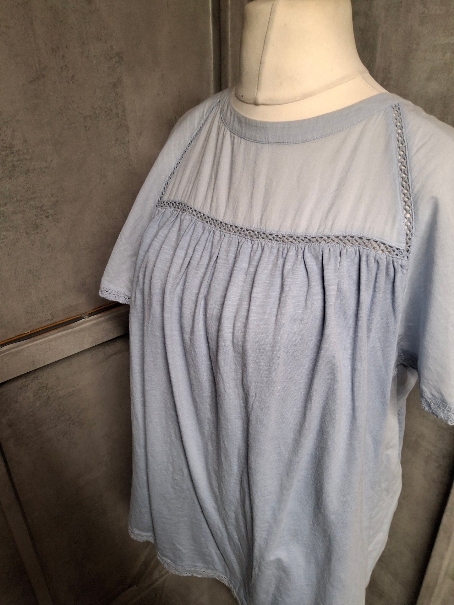 Per Una Blue Cotton Crochet Detail Top – Size 18 – Floaty Sleeves & Relaxed Fit
